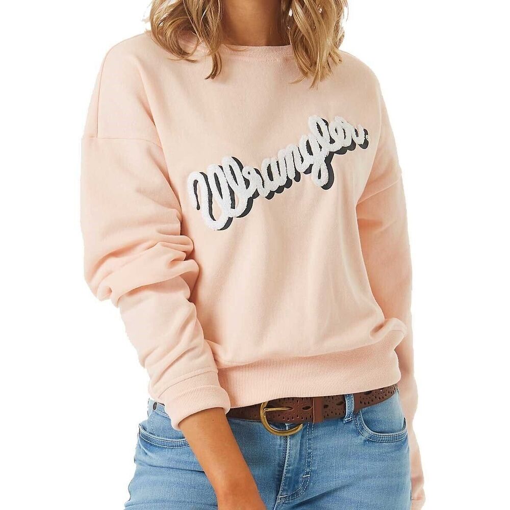 Wrangler Retro Womens M Pink Chenille Logo Sweatshirt Cropped Western Cowgirl